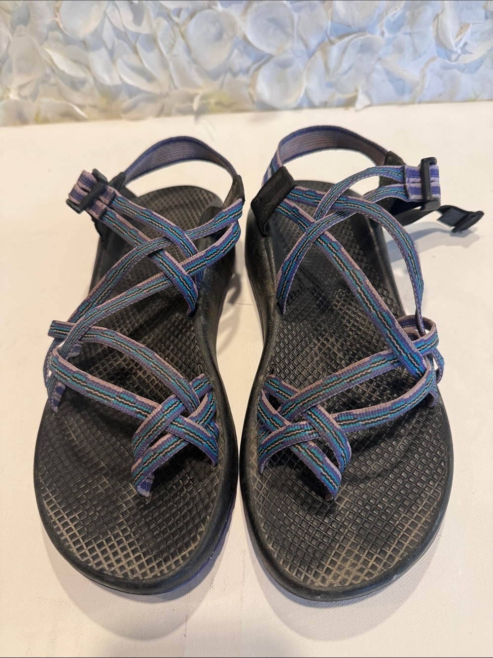 Chaco Black Sandals with Blue and Purple Straps